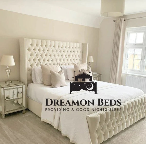Cannes wingback ottoman bed 5ft king size cream plush velvet
