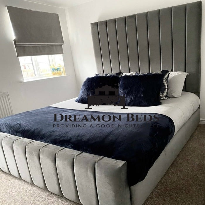 6ft Super King, Grey Plush Velvet, panel bed, tall headboard