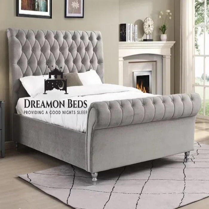 Silver Plush 4ft6 Scroll Bed Frame Ottoman Divan Storage