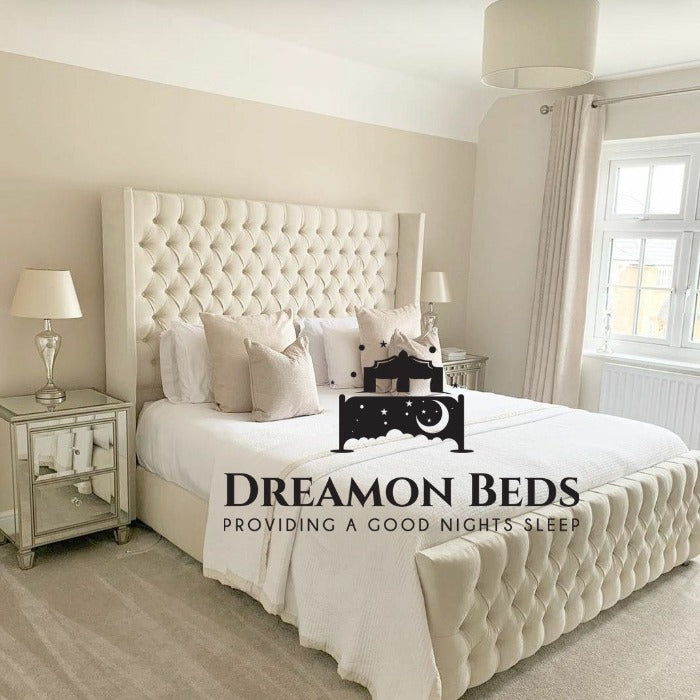 Cannes Wingback Bed Frame (Pictured in Cream Plush Velvet 6FT Super King) Optional Ottoman Divan Storage