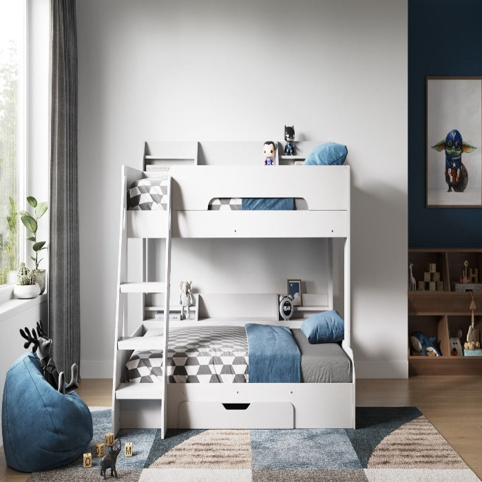 Flick triple bunk bed with shelves and drawer available in white, grey and oak