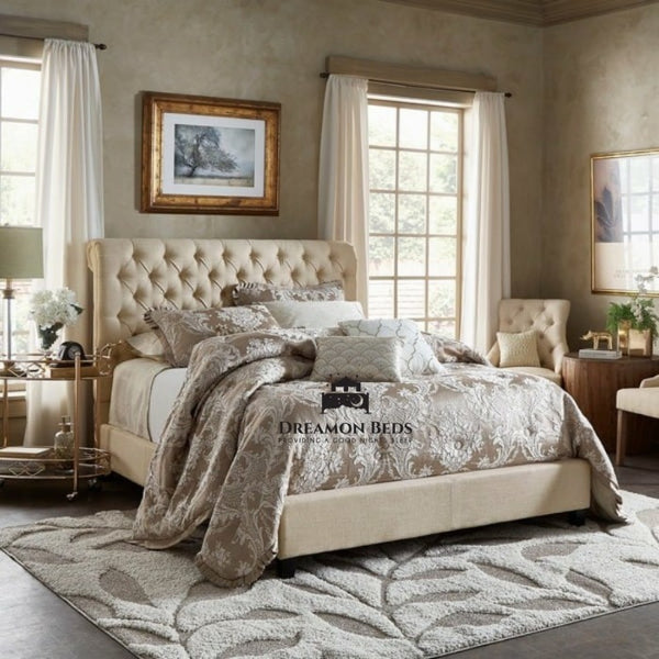 Cream Chenille Scroll Bed Frame 5FT King Size