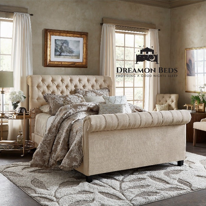 Emperor Luxury Scroll Bed Frame (Pictured in Cream Chenille 5FT King Size)