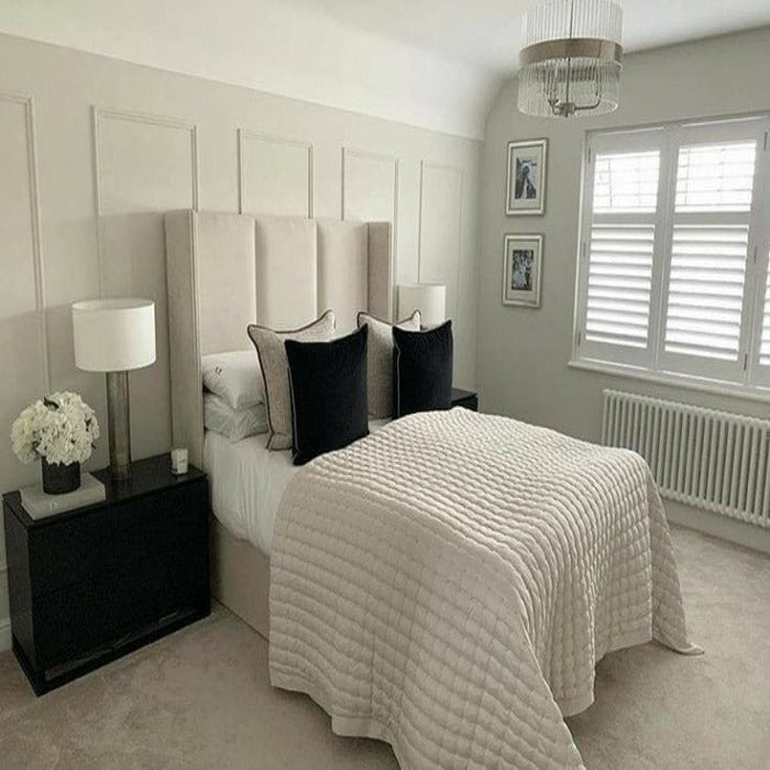 Cream Plush Panelled Tall Headboard Ottoman Bed