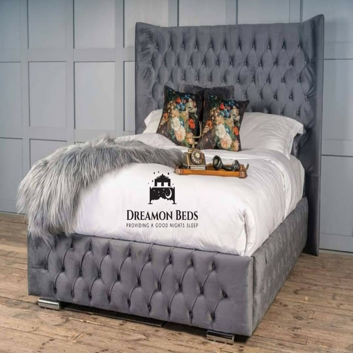 Grey Plush Sleigh Bed Frame Ottoman Divan Storage 5ft king size