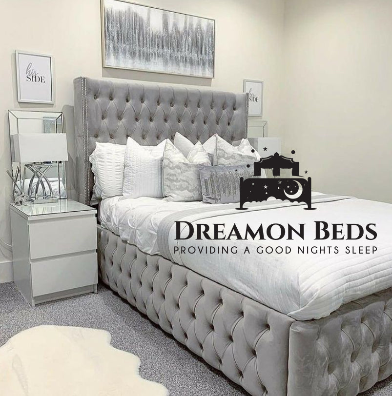 Boston Wingback Bed Frame (Pictured in Silver Plush Velvet 5FT King Size)