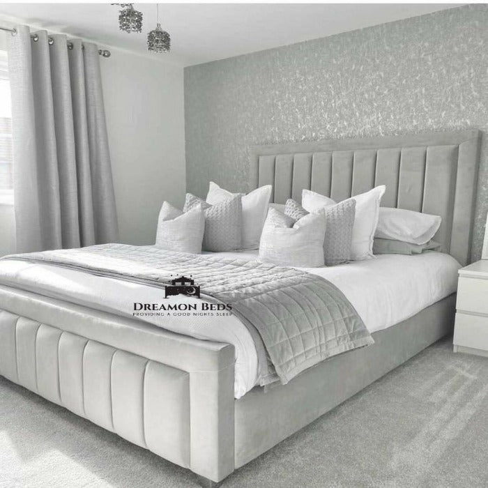 Silver Plush Sleigh Ottoman Gas Lift Divan Bed