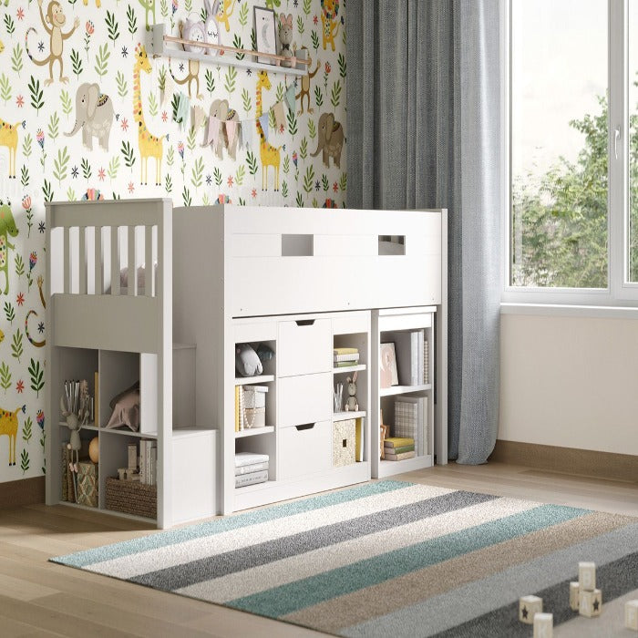 White Charlie mid sleeper set with storage and desk