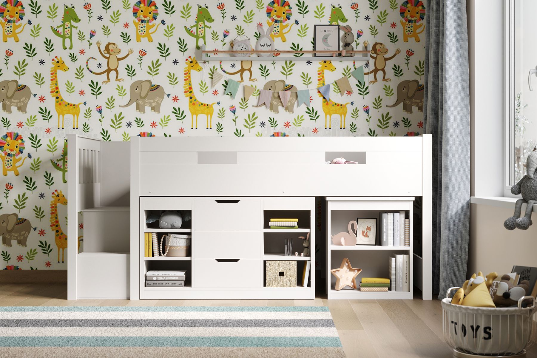 White Charlie mid sleeper set with storage and desk