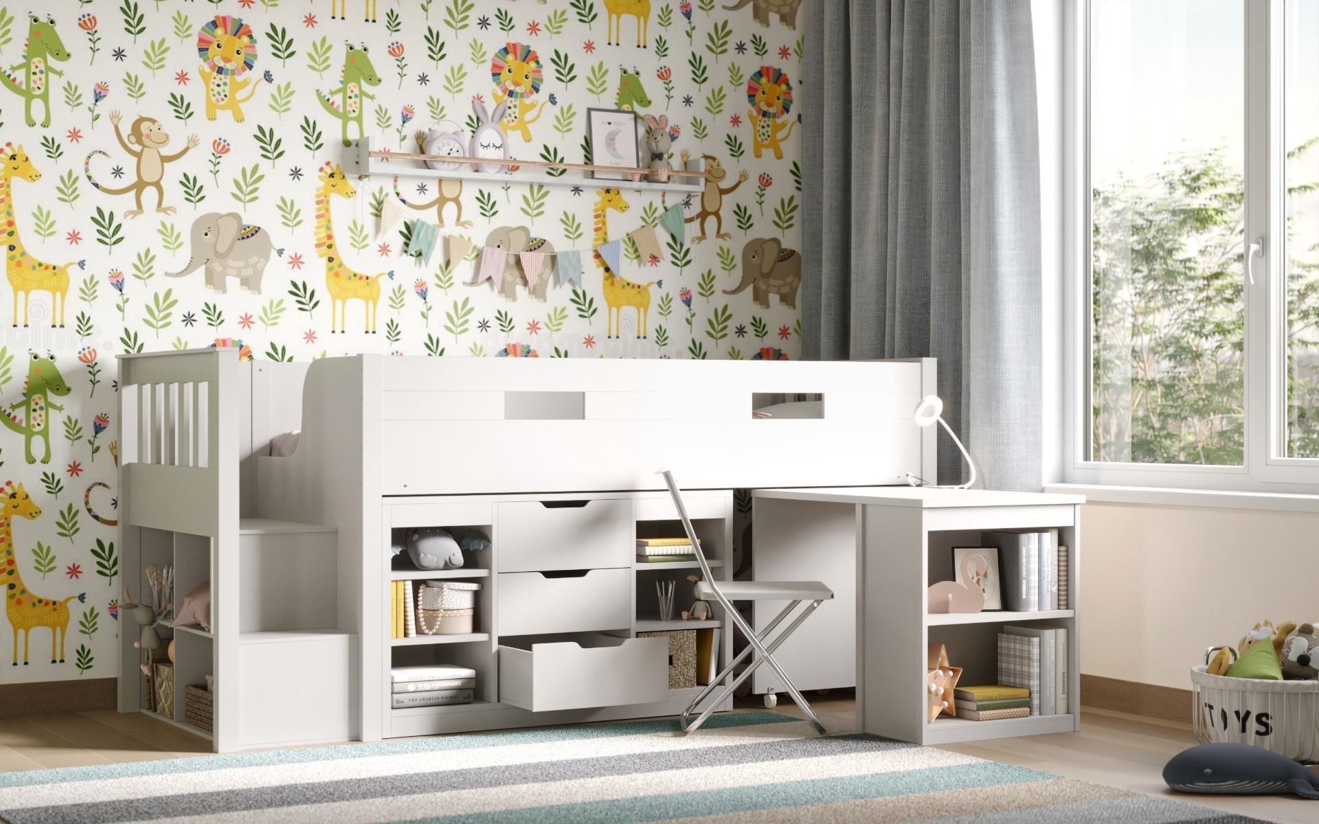 White Charlie mid sleeper set with storage and desk