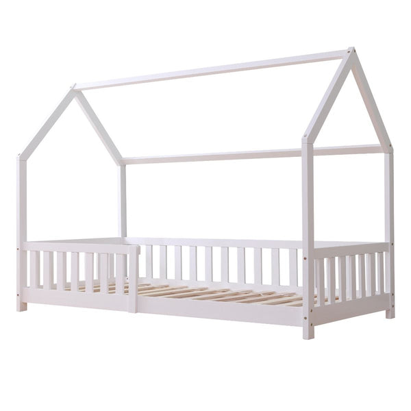 White wooden explorer playhouse single bed with rails