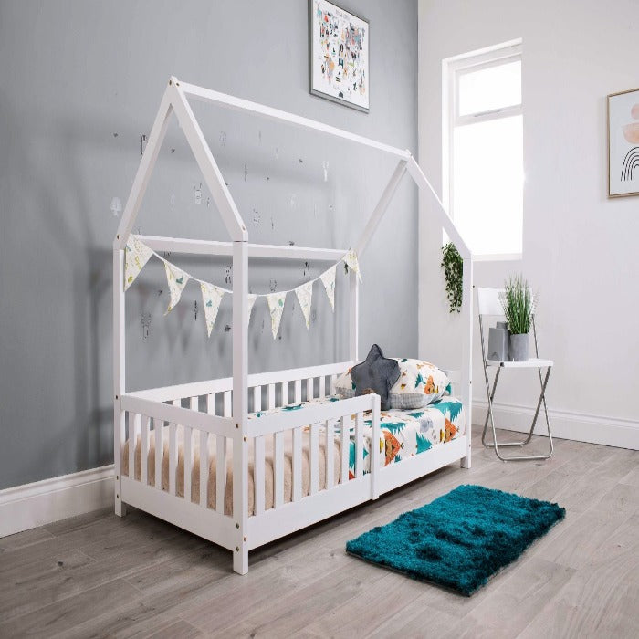 White wooden explorer playhouse single bed with rails