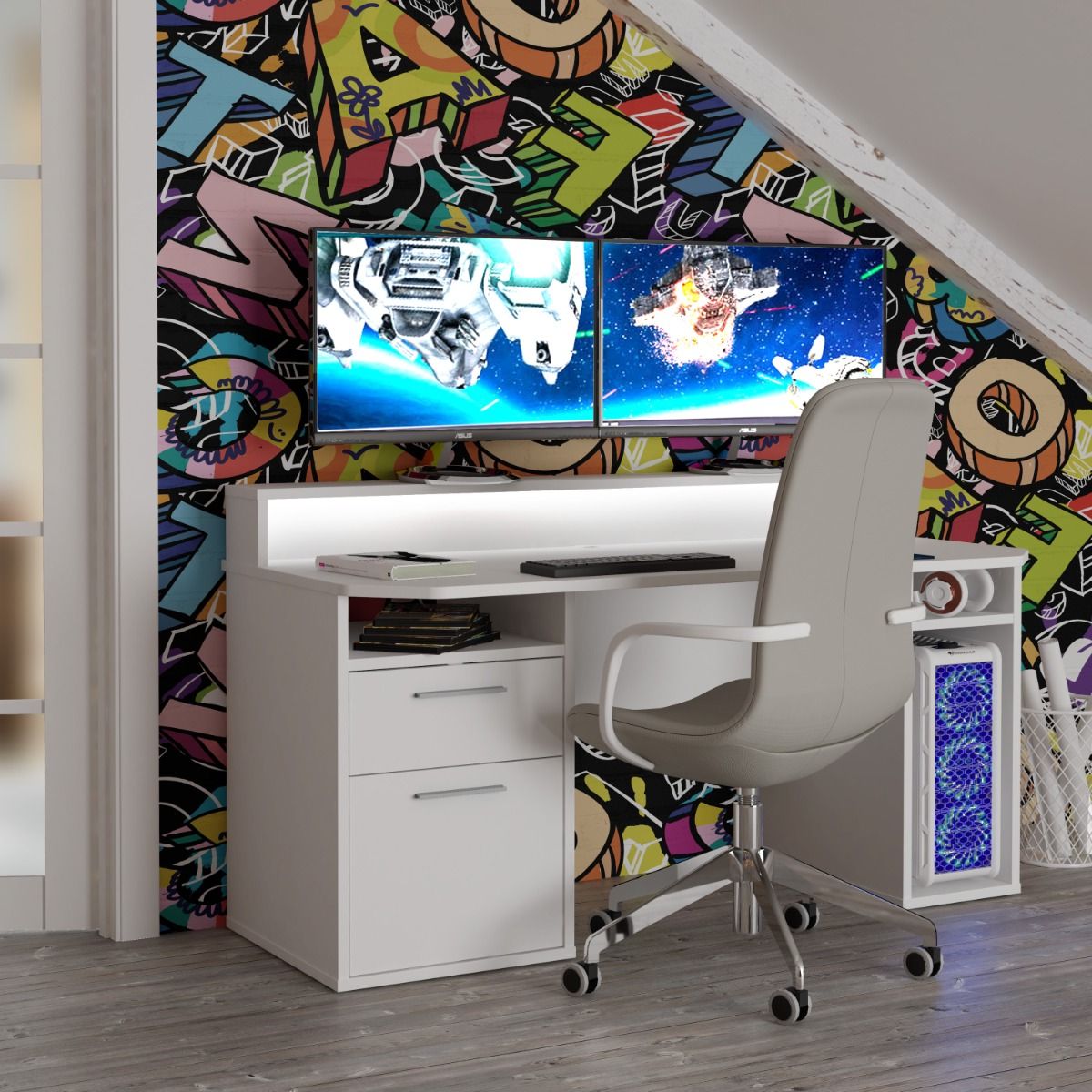 Power Z computer gaming desk with colour changing led lights available in white or black